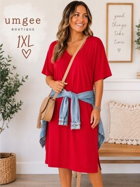 Umgee Oversized Pocket T-Shirt Dress Soft Stretch Casual Red size 1XL